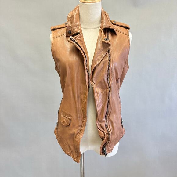 Muubaa Lynn Tan Brown Sleeveless Leather Biker moto jacket vest US Size 6 UK 10 - Picture 4 of 15